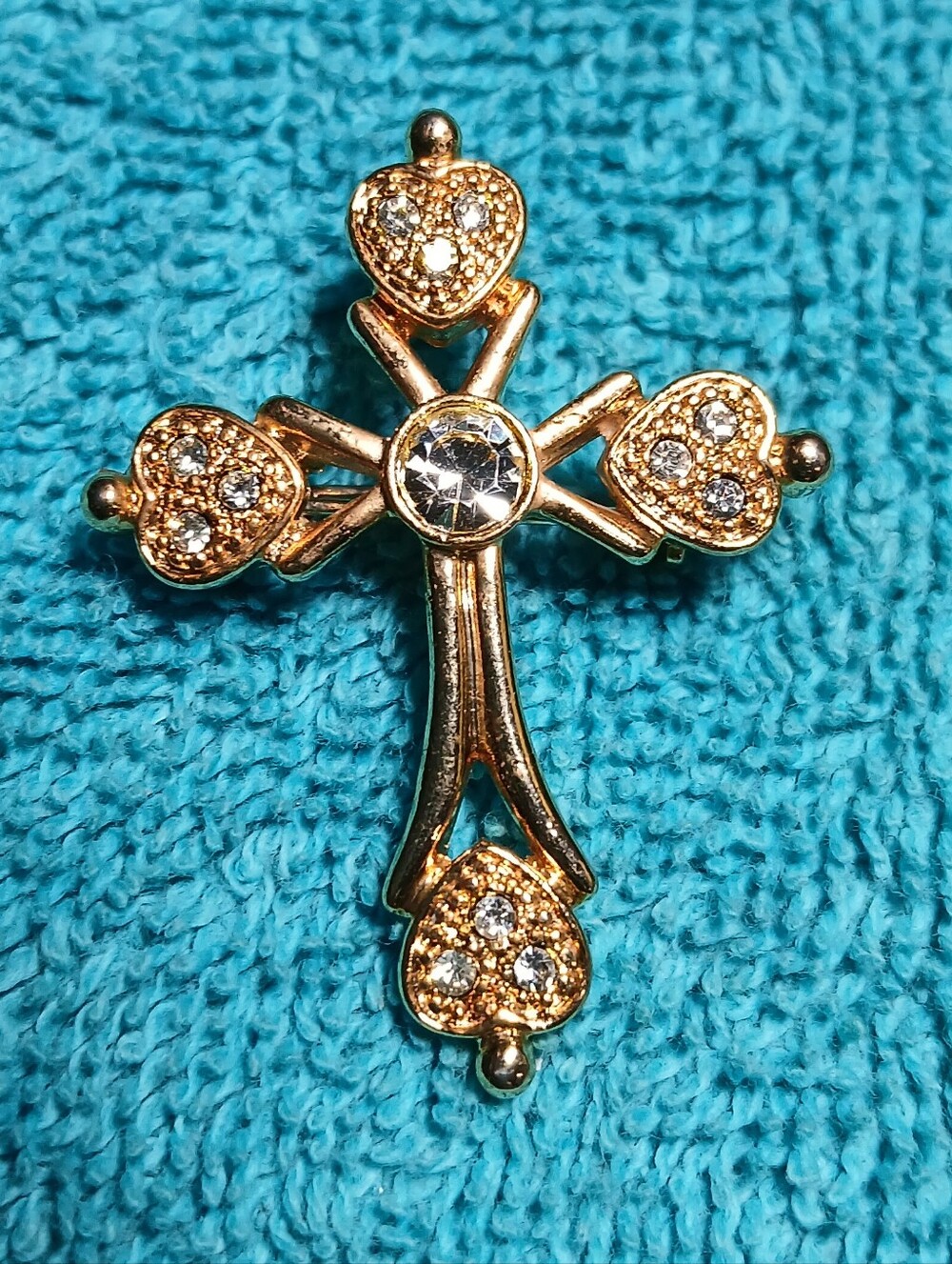 Gold Crystal Heart Cross Brooch - Women Jewelry
